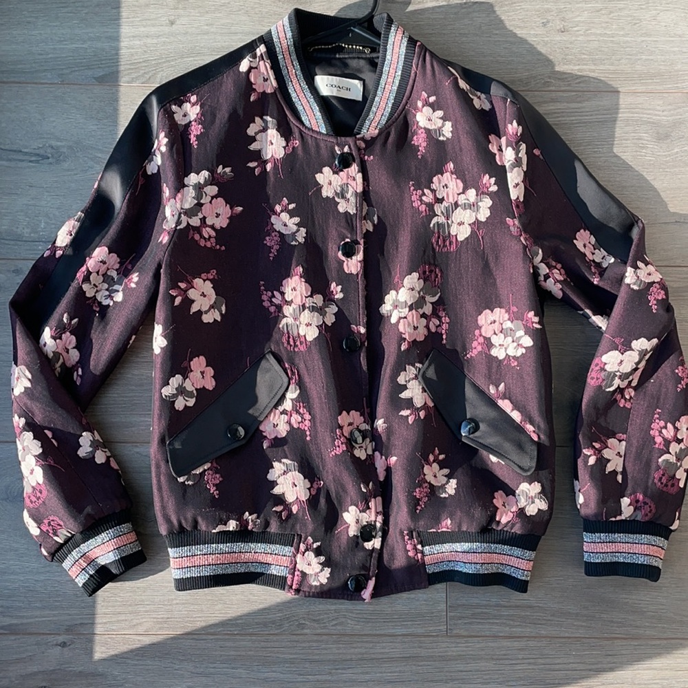 Coach purple floral sparkle bomber jacket small